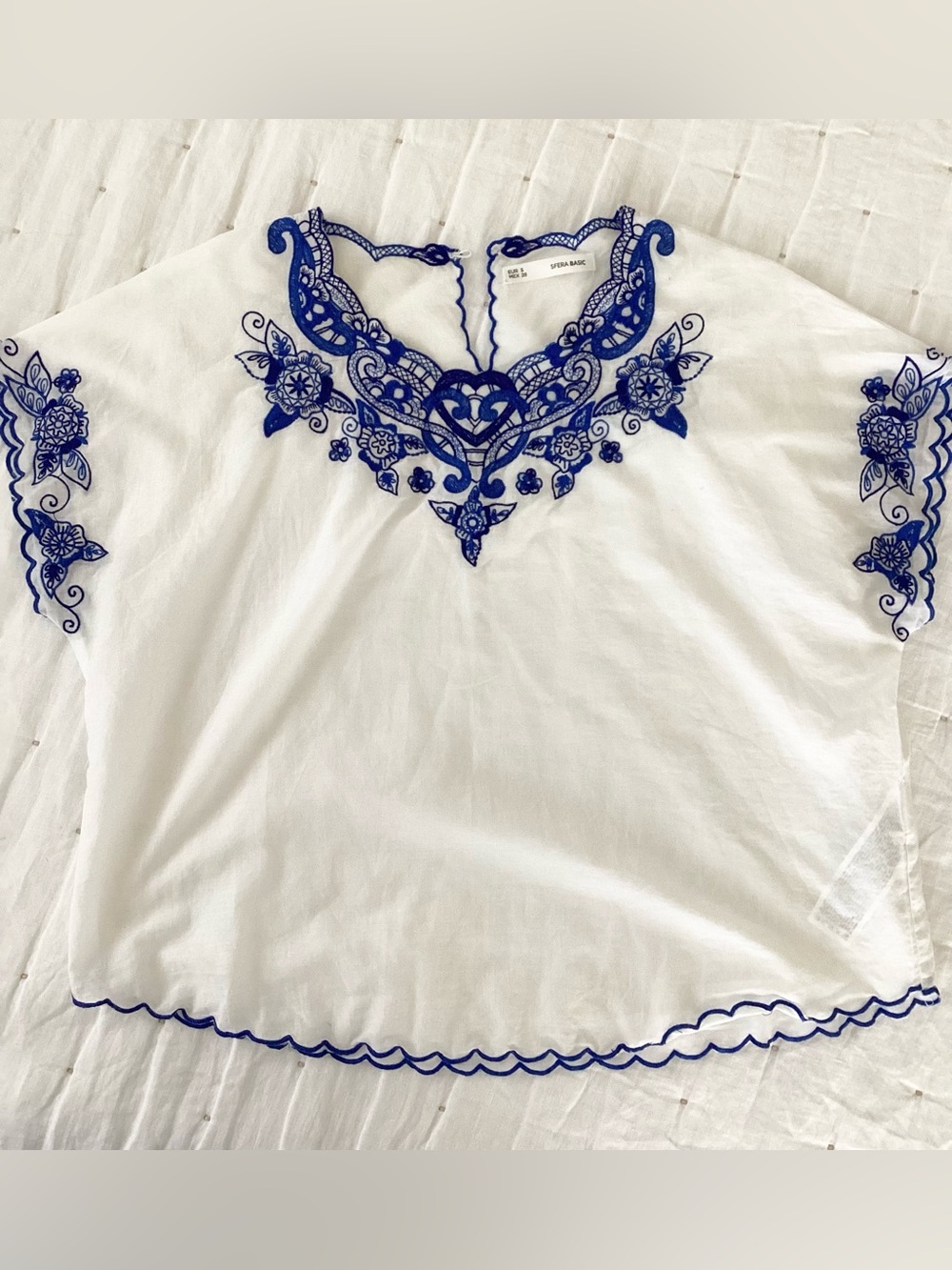 NEW Spanish Brand White 100% Cotton Blouse with Blue Embroidery